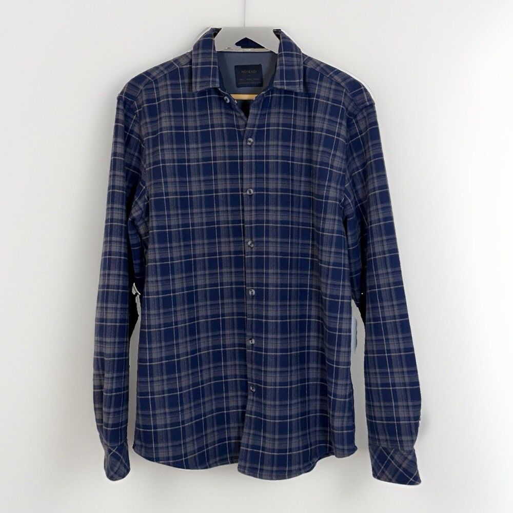 Nomad Men’s L Navy Gray Plaid Sierra Lined Flannel Button Down Shirt Jacket Slim